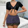 Conjunto de Lencería Sexy de Dos Piezas con Estampado de Cuadros Morados con Ribete de Encaje, Falda Corta con Lazos, Estilo Chica Popular Europea y Americana Transfronterizo