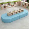 Estante de biblioteca escolar sofá combinação curva criativa modelo, estante de leitura de formato único área de armazenamento área de descanso banco longo
