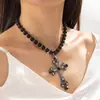 Collar Punk Transfronterizo Estilo Europeo y Americano Perla Falsa Exagerado Colgante de Cruz Dulce Fresco Largo para Mujer