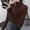 Camada Base Outono Inverno Feminina Gola Meia Alta Zíper Branco Malha Roupa Íntima Slim Fit Tricô Retrô Americano Preto