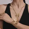 Conjunto Miduo Super Brilhante 5A Zircônia Borboleta Camada Dupla Colar Pulseira Anel Brinco Aço Inoxidável Banhado a Ouro Real 18K