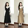 Elegante vestido de primavera y otoño con bloques de color de estilo transfronterizo para mujer, con un toque de lujo ligero y alta gama, falso dos piezas, vestido largo de línea A que ciñe la cintura