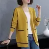 Cardigan de Punto con Cuello en V Estilo Nuevo Otoño e Invierno 2026 para Mujer, Chaqueta Suéter Rayada de Punto de Manga Larga Suelta de Longitud Media para Mujer