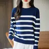 Nuevo Suéter de Punto Holgado con Cuello Redondo y Rayas en Bloques de Color 100% Algodón Puro Otoño e Invierno para Mujer