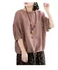 Camiseta Casual Holgada Talla Grande para Mujer Camisa Murciélago Dobladillo con Cordón Cuello Redondo Manga Media Imitación Algodón y Lino Top 2024 Verano