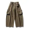 Calça Jeans Rumen Meng Estilo Retrô Japonês com Múltiplos Bolsos, Lavada, Perna Curva, para Homens, Outono, Solta, Perna Larga, Cordão, Versátil, Casual