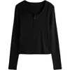 Nueva colección de otoño: Top base de manga corta, ajuste regular, cuello en U, versátil, estilo coreano, ajuste slim, con media cremallera para mujer
