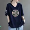 Camiseta de Manga Corta con Cuello en V para Mujer de Comercio Exterior Transfronterizo, Sencilla Talla Grande Nuevo Estilo Chino Top Holgado de Gama Alta