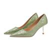 Nicho Estilo Francês Socialite Novo Chinoiserie Verde Salto Alto Feminino Stiletto 2024 Novo Bico Fino Boca Rasa Flats para Mulheres
