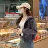 Sudadera Gris con Capucha Corta Estilo Coreano para Mujer 2026 Principios de Otoño Holgada Casual Chaqueta con Cremallera Ropa para Mujer Jimo Manga Larga