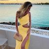 2024 Vestido de Mujer de Tirantes con Cuello Inclinado de Venta Caliente Europeo y Americano Vestido Europeo y Americano Sexy con Cordones Cut Out Falda Larga con Abertura