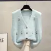 Nuevo Chaleco Suéter de Punto con Bordado y Cuello en V, Estilo Dulce Holgado, para Mujer, Primavera y Otoño