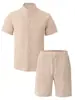 Camisa de verano de moda para hombre, transpirable, casual, cuello mao, color liso, raya nano, conjunto de manga corta, transfronterizo europeo y americano Amazon