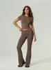 Conjunto de Roupa de Yoga Europeu e Americano Transfronteiriço Secagem Rápida Esportivo Fitness Manga Curta Calça Longa Calça Flare Controle de Barriga Levanta Bumbum Sensação de Pele Nua