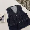 2026 Novo Colete Jeans Coreano Mingxian Shang com Decote em V Feminino Solto Emagrecedor Versátil Top Jeans Azul Escuro Feminino