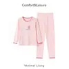 Conjunto de pijama para niña para primavera y otoño, ropa de casa de manga larga para niñas, cuello de encaje de conejo lindo, conjunto de dos piezas de top y pantalón de otoño