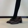 Versão em Couro~Sapatos Mary Jane Quadrados Retrô Franceses com Salto Grosso para Mulheres, Versáteis com Uma Tira Única e Laço, Sapatos Baixos de Couro