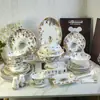 Juego de Vajilla de Porcelana de Hueso Europea Serie Selva Vajilla 58, 43, 15 Piezas Platos y Platos con Animales, Flores y Pájaros Servicio de Mesa