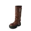 Estilo Coreano Chica Picante ~ Hebilla de Cinturón Botines Elevadores de Altura con Suela Gruesa de Piel de Vaca Invierno 2025 Botas Altas de Tacón Grueso de Cuero Genuino para Mujer