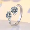 Anel Aberto em Prata de Lei 925, Exquisito Anel em Formato de Coração Cravejado com Diamantes, Moda Coreana Elegante e Estilosa Joias em Prata de Lei Atacado