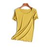 Camiseta CHAO de tejido multicolor liso con cuello en V y cuello redondo, de manga corta, combinable con todo, de hilo de punto, color liso