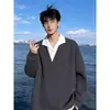 Moletom Masculino de Outono com Padrão de Espiga de Trigo Falso Duas Peças Americano Cleanfit Patchwork Gola Lapela Alta Inteligência Casal Manga Longa