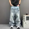 Jeans de Mezclilla Azules Azul Claro Retro Americano Lavado Desgastado Falsos de Dos Piezas Parches Dobladillo Crudo Pantalones Casuales para Hombre de Largo Completo