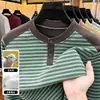 Sudadera Henley de mezcla de lana para hombre con forro polar, nueva colección otoño/invierno 2026, camiseta térmica de manga larga a rayas
