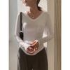Camiseta casual básica blanca pura para mujer 2026 Nueva primavera y otoño Ropa interior Cuello en V Slim Manga larga Camiseta Adelgazante Look Coreano Top