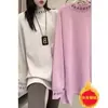 Camiseta Gruesa de Longitud Media para Mujer, Nueva de Otoño e Invierno, Corte Holgado con Forro Polar, Cálida, de Manga Larga, Estampada, Top Elegante