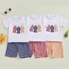 2025 Nuevo Bebé Niños Verano Moda Tres Peces Pequeños Bordado Transpirable Camiseta Cuadros Pantalones Cortos Delgados Conjunto de Dos Piezas