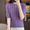 Nueva ropa de mujer de verano, top de punto acanalado de algodón puro con cuello redondo estilo coreano, camiseta elegante y versátil