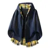 Moletom Cardigan com Capuz Patchwork Xadrez de Alta Qualidade da Marca NASA Masculino Peça Falsa Dupla Marca Americana Moderna Jaqueta com Zíper