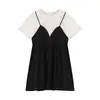 Vestido de Algodón de Maternidad Top Suelto Talla Grande Largo Medio Coreano Suelto Falso de Dos Piezas Vestido de Verano para Mujeres Embarazadas
