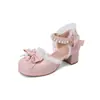 Zapatos Mary Jane de Comercio Exterior Gruesos Sandalias Huecas Baotou Nuevos Dulces Zapatos de Encaje con Lazo de Perlas de Tacón Medio