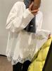 2025 Principios de Primavera/Encaje Coreano Calado Costuras de Encaje Camiseta de Manga Larga para Mujer Moda Holgada Cuello Redondo Camiseta Básica