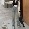 Calça Jeans Lavada Desgastada Estilo Retrô Americano Feminina Tamanho Grande Outono Novo Solta Emagrecedora Perna Larga Pelo de Coelho