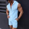 Moda Verão Nova Transfronteiriça Masculina Conjunto com Capuz Zíper Camiseta Colete Sem Manga Xadrez Shorts Conjunto de Duas Peças