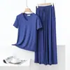 Conjunto de camiseta casual suelta fina de modal para mujer, primavera y verano, estilo coreano, manga corta, talla grande, conjunto delgado de dos piezas