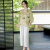 Terno da Moda de Manga Curta para Mãe Verão Tops para Mulheres de Meia-Idade e Idosas Camisa Estampada Novo Estilo Chinês Novo Conjunto Solto de Duas Peças
