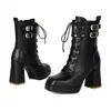 Botas de Cuero para Mujer Transfronterizas Otoño Invierno Punta Cuadrada Plataforma Piel Brillante Botas de Media Caña Talla Grande Versátiles Cremallera Lateral Botas de Montar Piel Charol