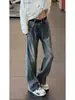 Calça jeans masculina americana azul escuro, estilo high street, lavagem desgastada, estilosa e casual, perna reta solta, calça versátil de perna larga para homens