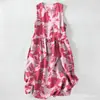 Vestido Casual de Algodão Puro com Estampa Digital Nova, Gola Redonda, Sem Mangas, Comprimento Médio, Para Mulheres, Verão na Praia
