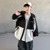 Chaqueta cortavientos de bloques de color otoñal para niño, abrigo cortavientos con capucha para niños mayores, chaqueta casual bordada de color contrastante para senderismo para niños