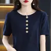 Estilo Novo Primavera e Verão Estilo Preguiçoso Algodão Puro Tricô Manga Curta Solto Gola Redonda Fino Tricô Camiseta Versátil com Botões para Mulheres