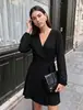 Vestido wrap de cuello en V Amazon Europeo y Americano 2026, manga larga, manga abullonada, entallado a la cintura, con cinturón para atar, minivestido de fiesta