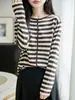 Cárdigan de punto a rayas estilo francés para mujer de principios de otoño, fino, cuello redondo, abotonado, adelgazante, versátil y con un estilo relajado y casual