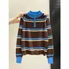 Suéter Pulóver de Bloques de Color Rayado de Media Cremallera Suelto para Mujer, Otoño/Invierno, Cuello Semi Alto, Holgado, Relajado, Top de Punto Versátil