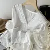 Linho + Acetato! Alta qualidade! Versátil estilo francês, resistente, bordado, crochê, decote V, manga três quartos, blusa/top