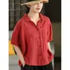 Camisa de Algodão e Linho Retrô Feminina Verão Nova Cor Sólida Manga Curta Redutora de Idade Temperamento Artístico Casual Solta Versátil Top Feminino